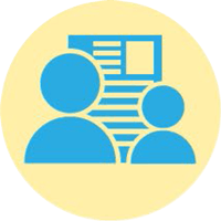 A blue icon of two people standing next to each other in a yellow circle.