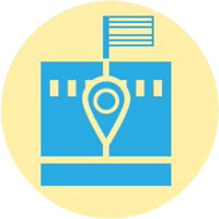 A blue and yellow icon of a building with a flag and a pin.