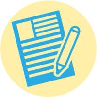 A blue icon of a pencil writing on a piece of paper.