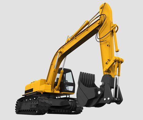 A yellow excavator with a black bucket on a white background.