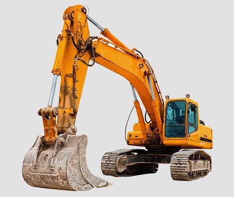 A yellow excavator with a large bucket on a white background.