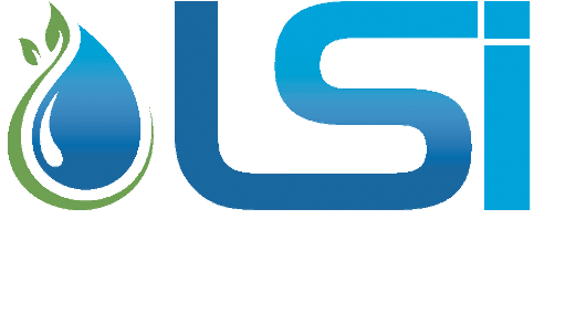 A blue and green logo with a drop of water and leaves.
