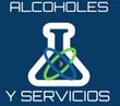 Logotipo: “Alcoholes y Servicios” con vaso medidor, átomo y fondo azul.