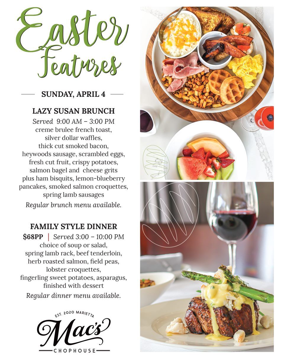 A flyer for easter features at mac 's restaurant.