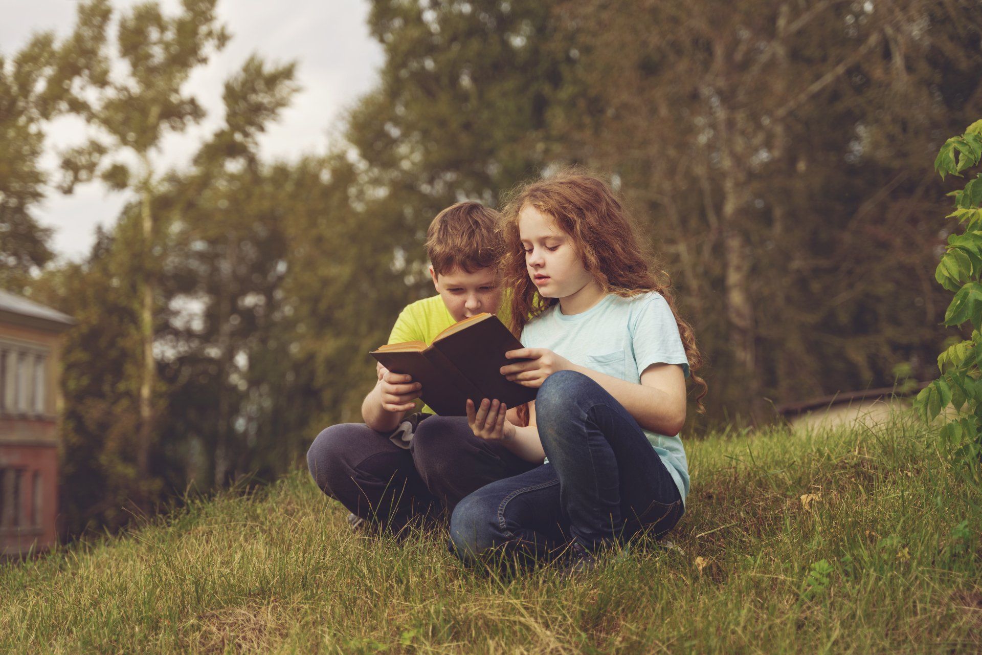 stock photo of 2 kids reading outdoors from one book