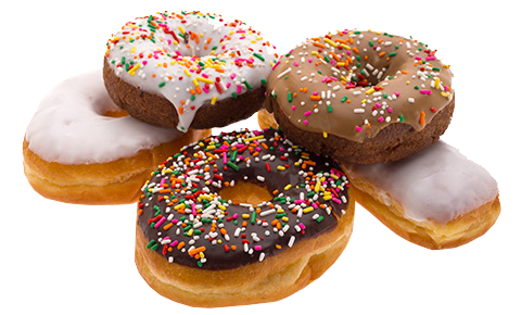 Stack of various donuts, most with icing & sprinkles