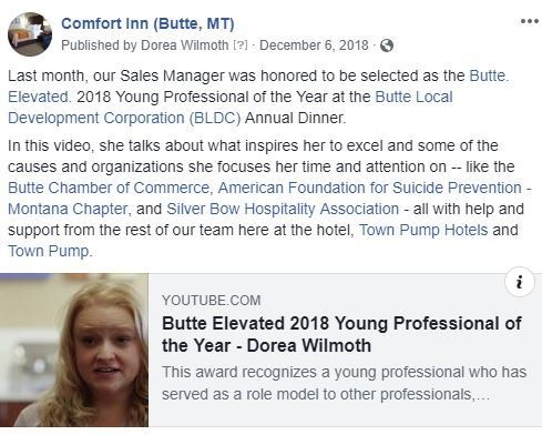 Screenshot of a facebook post about employee receiving Young Professional of the Year award 2018