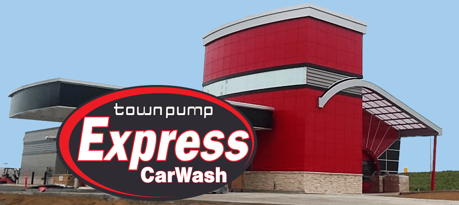Town Pump Express Wash exterior photo with large logo inset