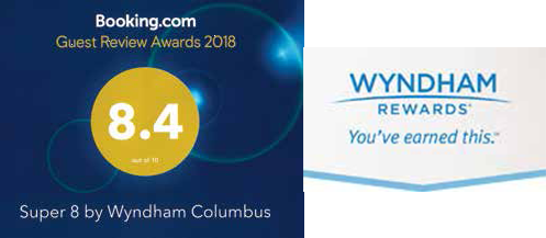 A picture of a booking.com guest review award and a picture of a wyndham rewards award.