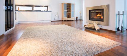 A living room with a fireplace and a rug on the floor.