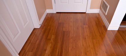 A hallway with hardwood floors and white doors in a house.