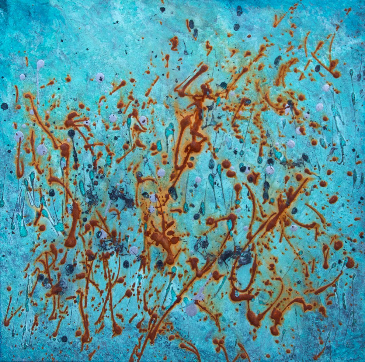 Gemälde-Trilogie „Chaos“ Maße: je 60 x 60 cm, 3 cm Tiefe  Material: Acryl, Echtrost, grüne sowie blaue Patina auf Eisen-, Silber- und Kupfer-Grundierung, Firnis  Malgrund: Leinwand auf Keilrahmen