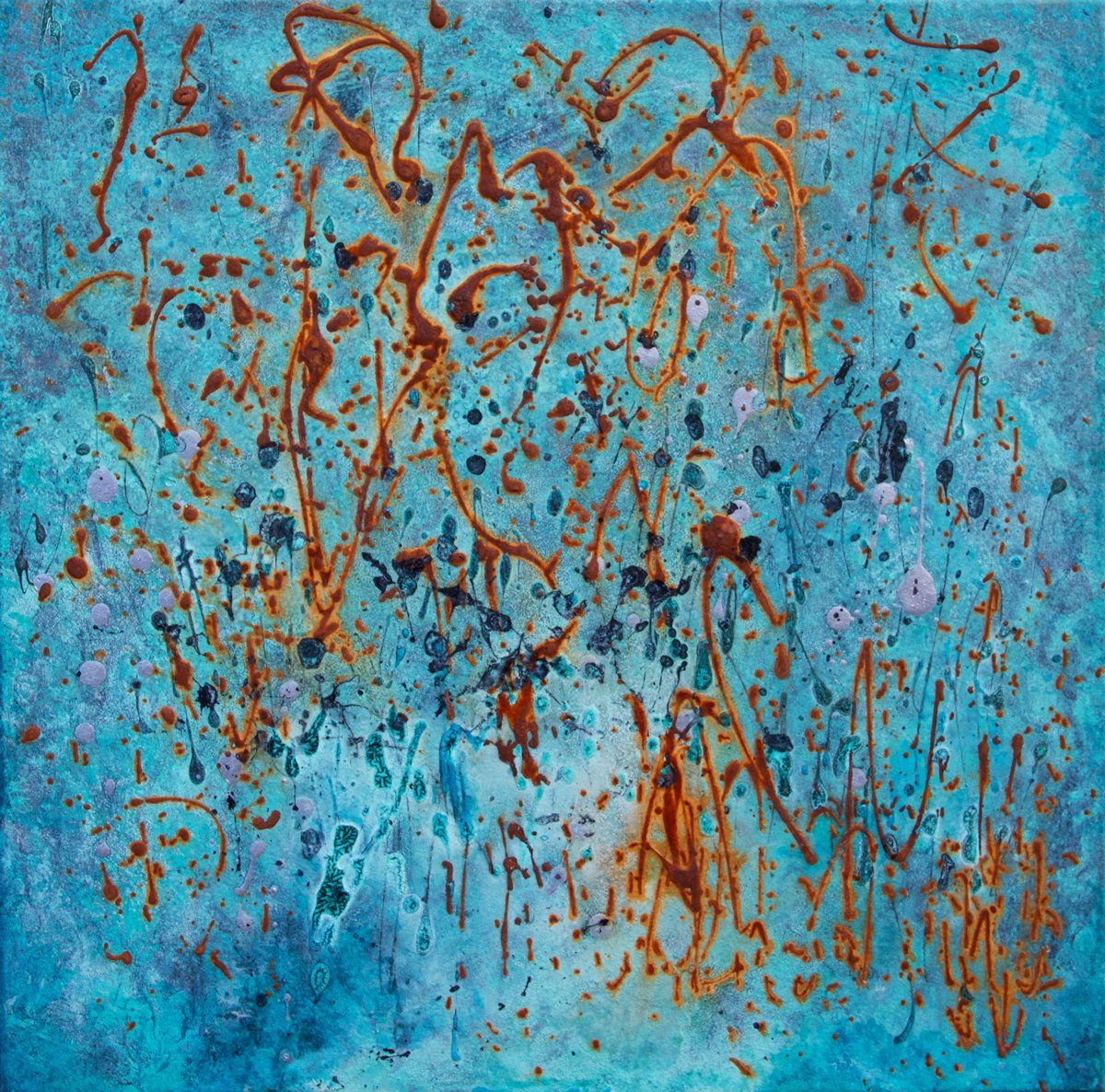 Gemälde-Trilogie „Chaos“ Maße: je 60 x 60 cm, 3 cm Tiefe  Material: Acryl, Echtrost, grüne sowie blaue Patina auf Eisen-, Silber- und Kupfer-Grundierung, Firnis  Malgrund: Leinwand auf Keilrahmen