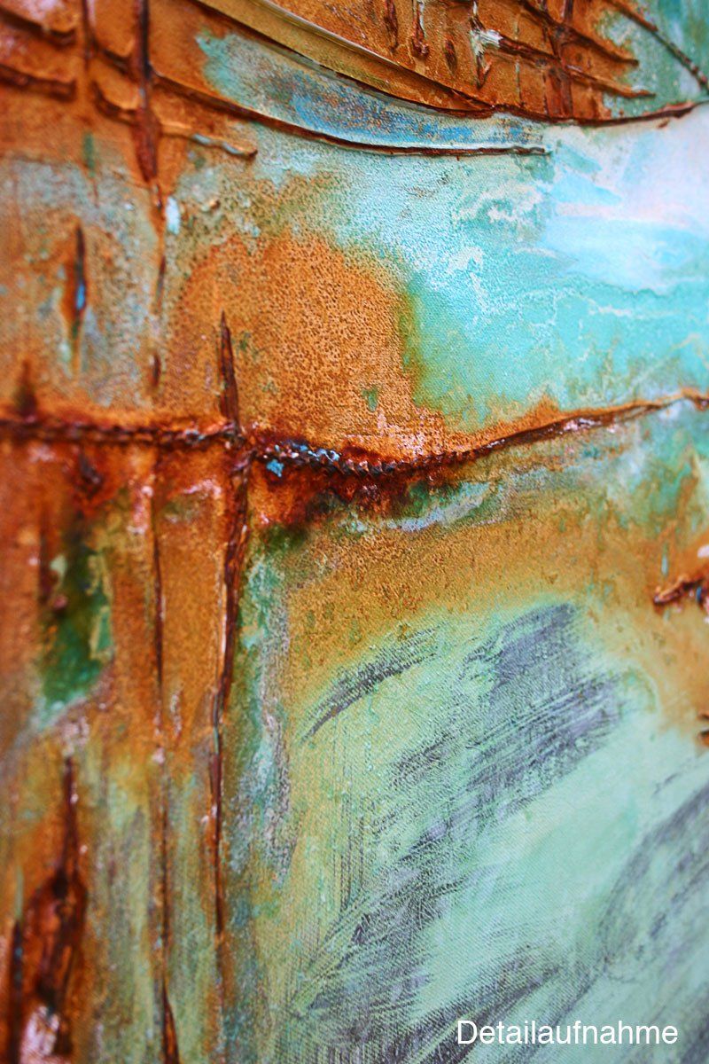 Gemälde „Flussufer“ Maße: 120 x 100 cm, 4 cm Tiefe  Material: Echtrost, grüne sowie blaue Patina auf Eisen- und Kupfer Grundierung, Spachtelmasse, Firnis  Malgrund: Leinwand auf Keilrahmen