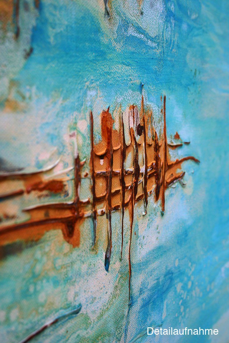 Gemälde „Flussufer“ Maße: 120 x 100 cm, 4 cm Tiefe  Material: Echtrost, grüne sowie blaue Patina auf Eisen- und Kupfer Grundierung, Spachtelmasse, Firnis  Malgrund: Leinwand auf Keilrahmen
