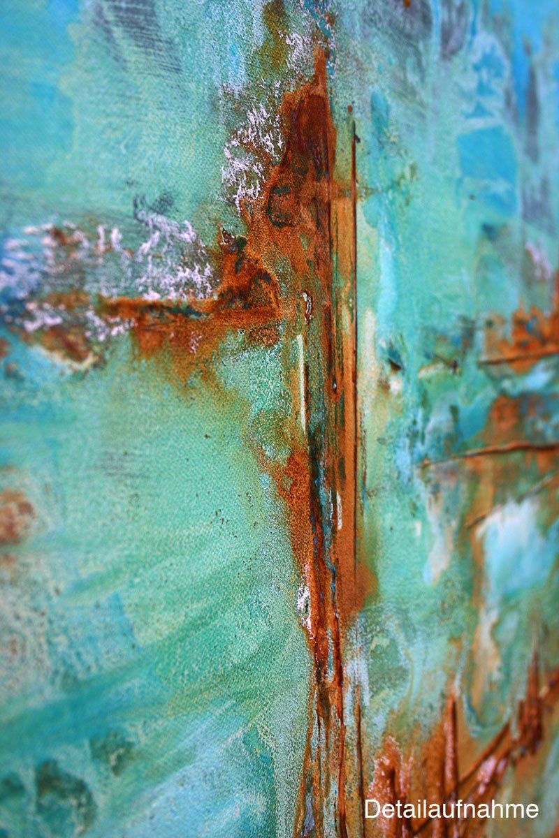 Gemälde „Flussufer“ Maße: 120 x 100 cm, 4 cm Tiefe  Material: Echtrost, grüne sowie blaue Patina auf Eisen- und Kupfer Grundierung, Spachtelmasse, Firnis  Malgrund: Leinwand auf Keilrahmen