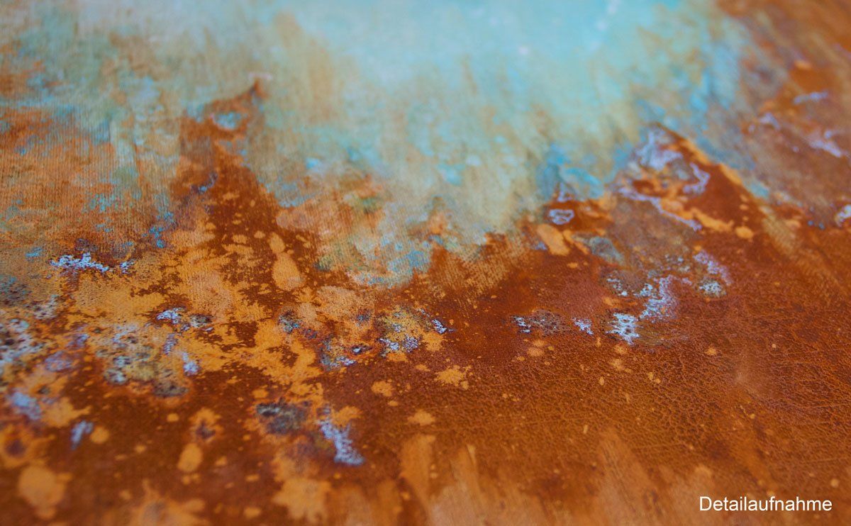 Landschaft, Seelandschaft, Maritim, in Rost und TürkisXXL-Gemälde „Flut“ Maße: 160 x 120 cm, Tiefe 6,5 cm  Material: Acryl, Echtrost, blaue Patina auf Kupfer-Grundierung, Firnis  Malgrund: Leinwand auf Museumskeilrahmen