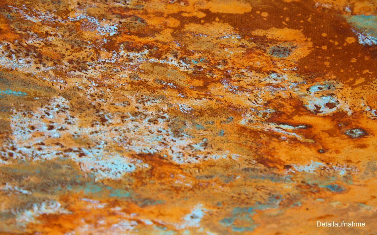 Landschaft, Seelandschaft, Maritim, in Rost und TürkisXXL-Gemälde „Flut“ Maße: 160 x 120 cm, Tiefe 6,5 cm  Material: Acryl, Echtrost, blaue Patina auf Kupfer-Grundierung, Firnis  Malgrund: Leinwand auf Museumskeilrahmen