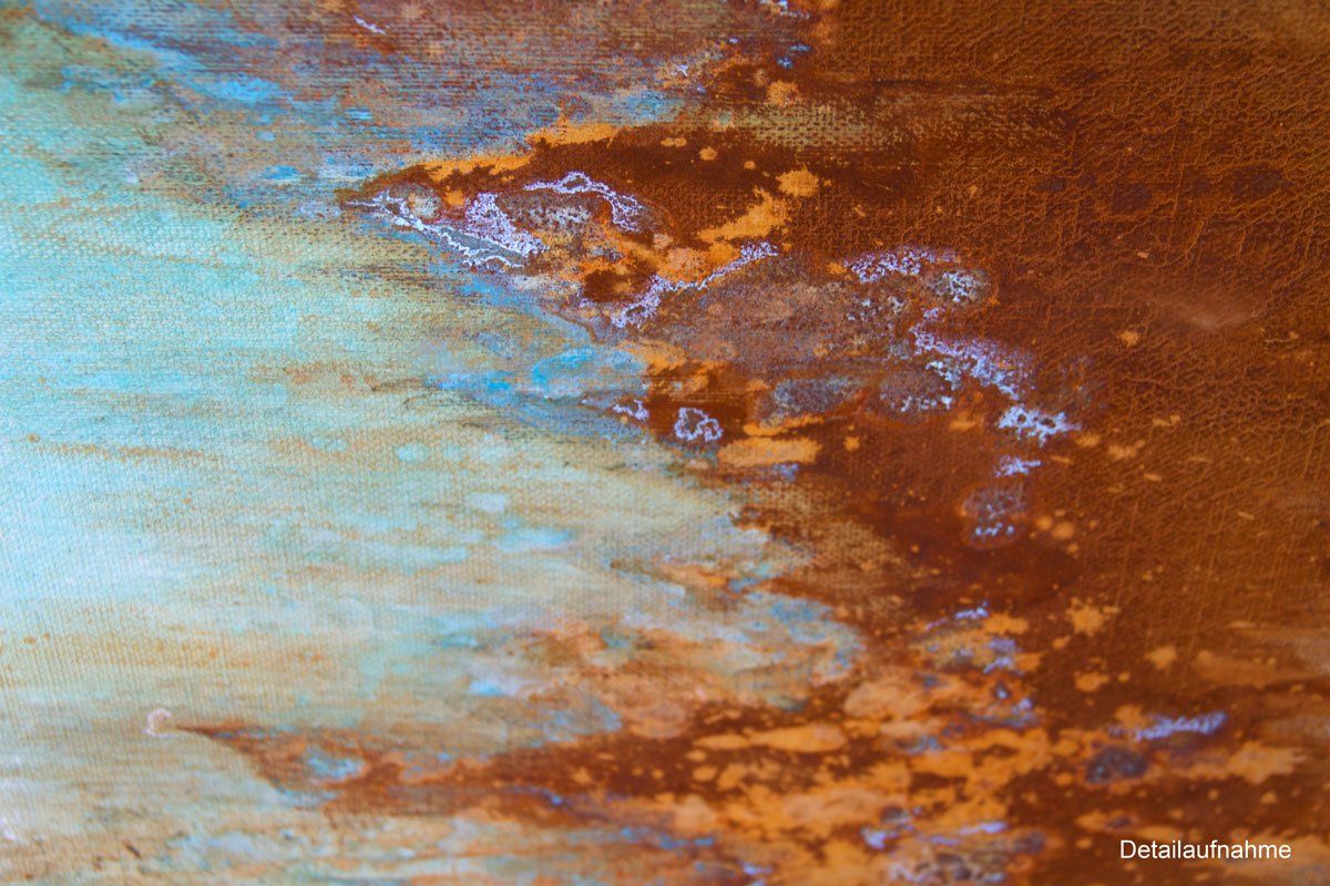 Landschaft, Seelandschaft, Maritim, in Rost und TürkisXXL-Gemälde „Flut“ Maße: 160 x 120 cm, Tiefe 6,5 cm  Material: Acryl, Echtrost, blaue Patina auf Kupfer-Grundierung, Firnis  Malgrund: Leinwand auf Museumskeilrahmen