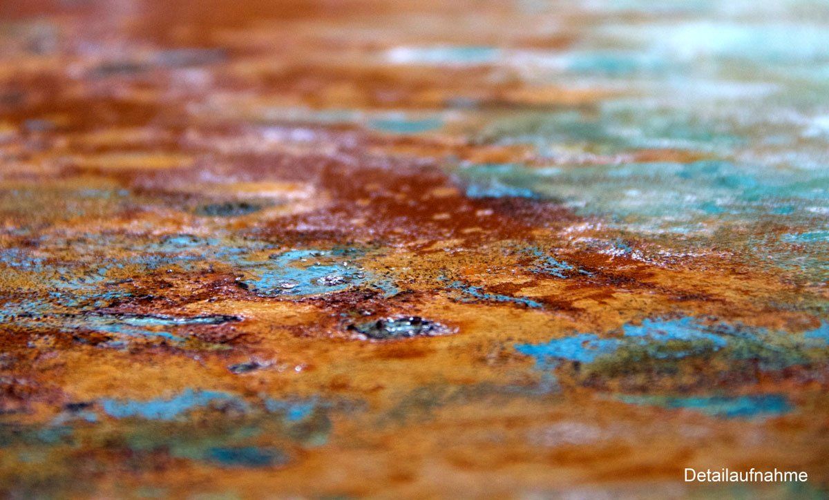 Landschaft, Seelandschaft, Maritim, in Rost und TürkisXXL-Gemälde „Flut“ Maße: 160 x 120 cm, Tiefe 6,5 cm  Material: Acryl, Echtrost, blaue Patina auf Kupfer-Grundierung, Firnis  Malgrund: Leinwand auf Museumskeilrahmen