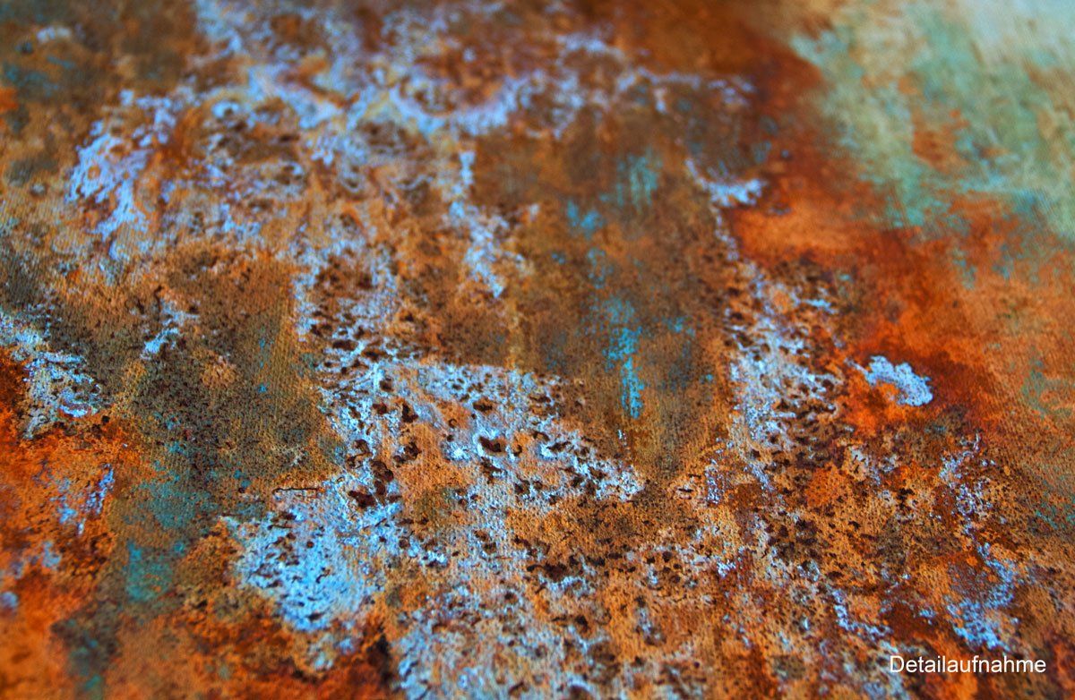 Landschaft, Seelandschaft, Maritim, in Rost und TürkisXXL-Gemälde „Flut“ Maße: 160 x 120 cm, Tiefe 6,5 cm  Material: Acryl, Echtrost, blaue Patina auf Kupfer-Grundierung, Firnis  Malgrund: Leinwand auf Museumskeilrahmen
