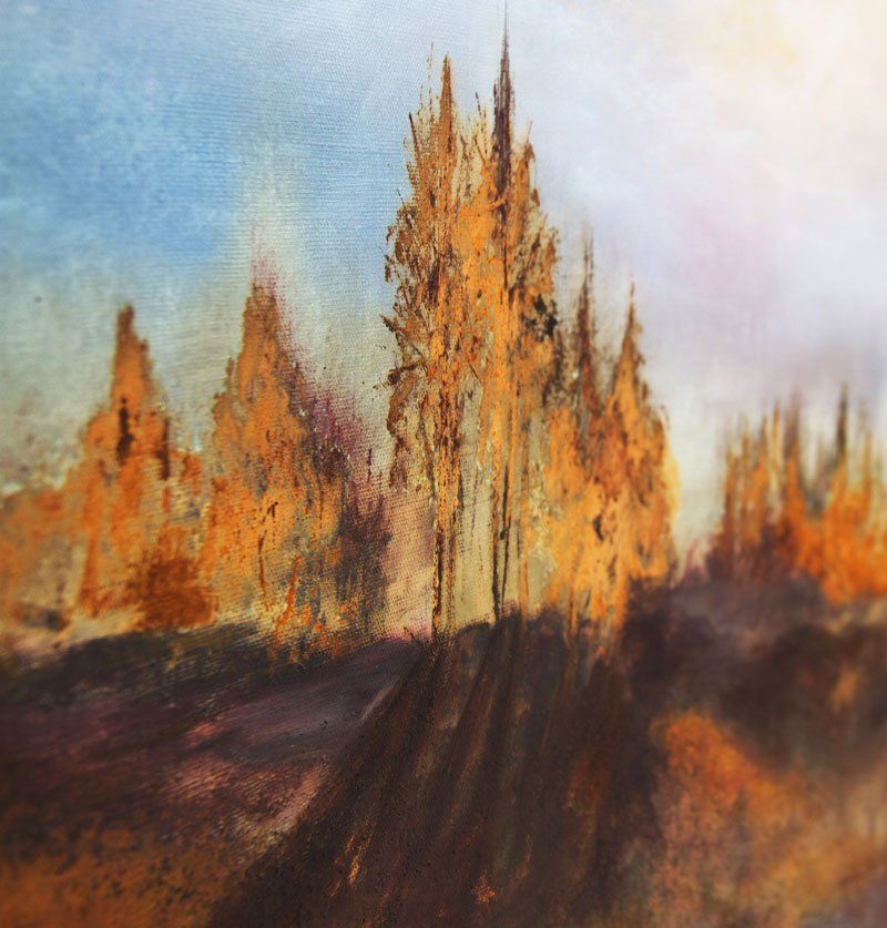 Gemälde „Herbst“ Maße: 130 x 80 cm, 4,5 cm Tiefe  Material: Acryl, Echtrost, blaue Patina auf Eisen- und Kupfer-Grundierung, Sand, Firnis  Malgrund: Leinwand (Reinleinen) auf Keilrahmen