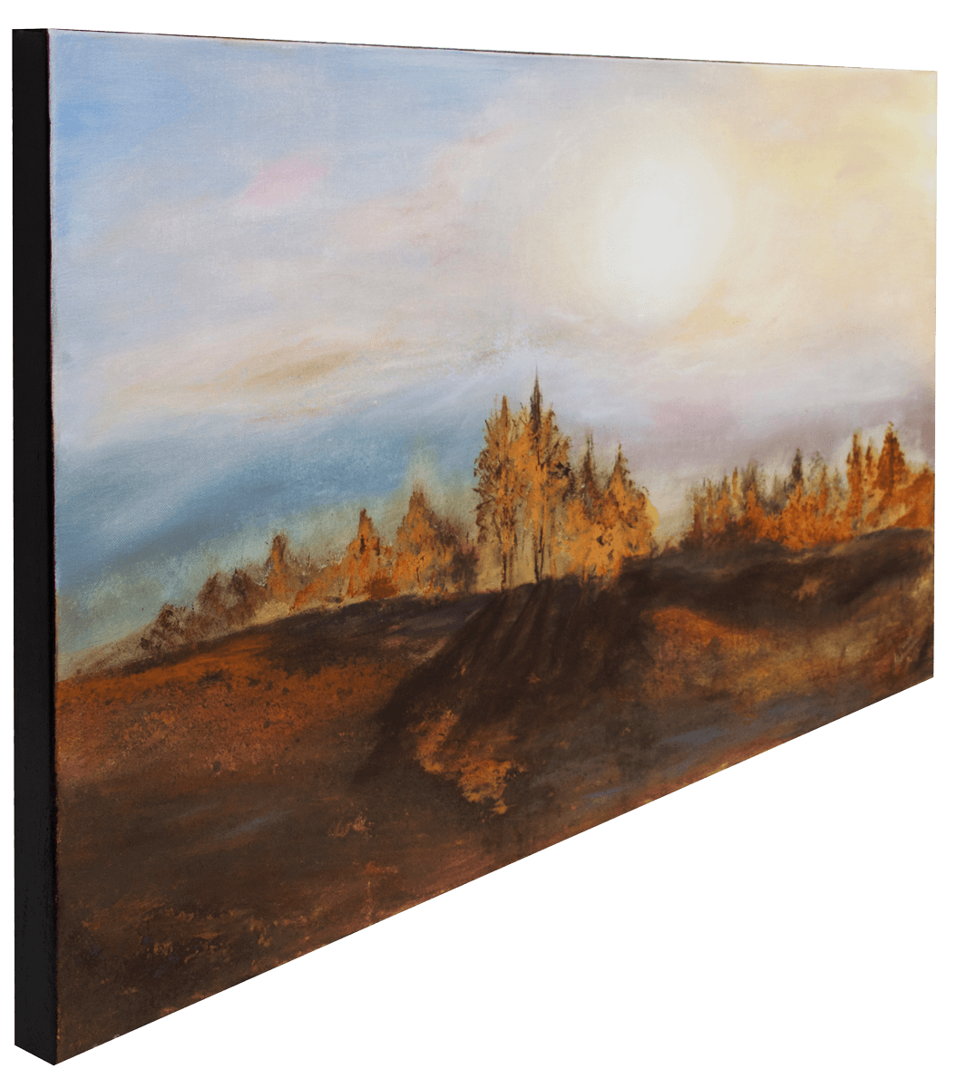 Gemälde „Herbst“ Maße: 130 x 80 cm, 4,5 cm Tiefe  Material: Acryl, Echtrost, blaue Patina auf Eisen- und Kupfer-Grundierung, Sand, Firnis  Malgrund: Leinwand (Reinleinen) auf Keilrahmen