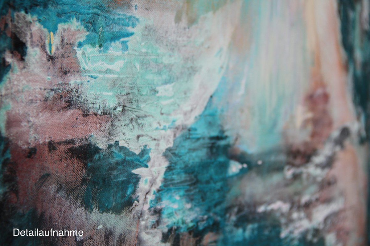 Mystische Landschaft. Gemälde „Infinity“ Maße: 100 x 120 cm, Tiefe 4,5 cm  Material: Acryl, blaue und grüne Patina auf Bronze- und Kupfer-Grundierung, Firnis  Malgrund: Leinwand (100 % Leinen) auf Museum-Keilrahmen