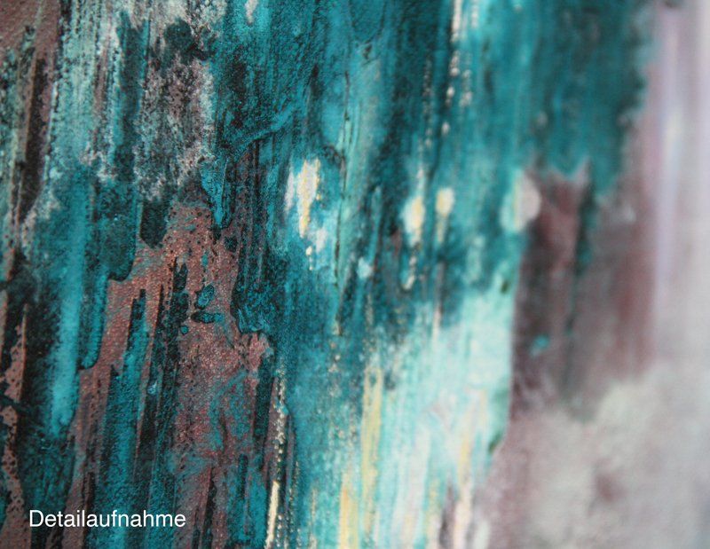 Mystische Landschaft. Gemälde „Infinity“ Maße: 100 x 120 cm, Tiefe 4,5 cm  Material: Acryl, blaue und grüne Patina auf Bronze- und Kupfer-Grundierung, Firnis  Malgrund: Leinwand (100 % Leinen) auf Museum-Keilrahmen