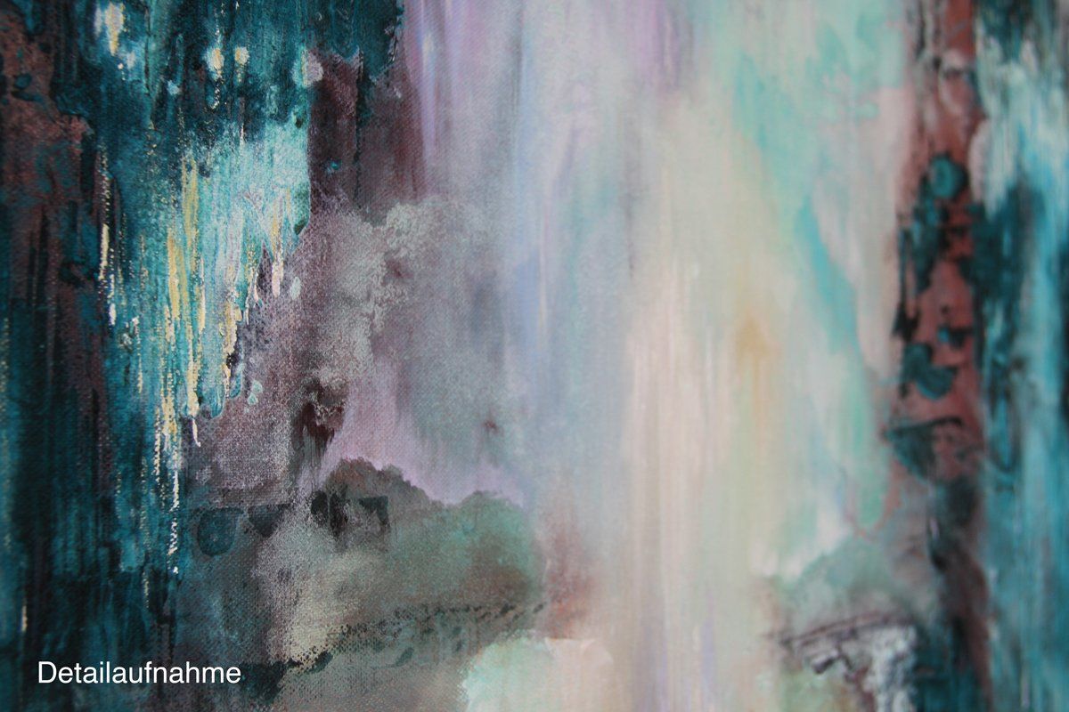 Mystische Landschaft. Gemälde „Infinity“ Maße: 100 x 120 cm, Tiefe 4,5 cm  Material: Acryl, blaue und grüne Patina auf Bronze- und Kupfer-Grundierung, Firnis  Malgrund: Leinwand (100 % Leinen) auf Museum-Keilrahmen