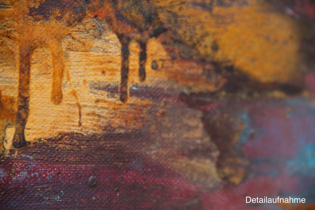 Landschaft in Rost und Rot. Gemälde „Neva“ Maße: 80 x 100 cm, Tiefe 4,5 cm  Material: Acryl, Rost, blaue Patina auf Eisen-Grundierung, Firnis  Malgrund: Leinwand auf Keilrahmen