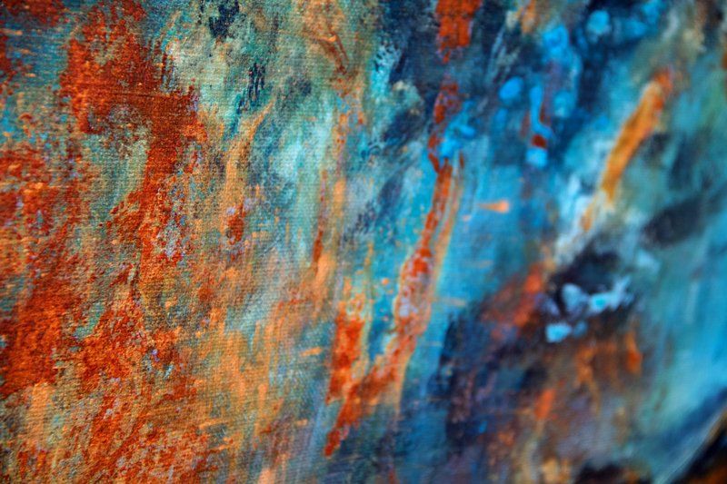Gemälde „Quelle“ Maße: 100 x 100 cm, 4,5 cm Tiefe  Material: Künstler-Acrylfarben, Kupfer-, Bronze-Grundierung, Echtrost, Eisen-Grundierung, grüne sowie blaue Patina, Firnis  Malgrund: Leinwand auf Keilrahmen