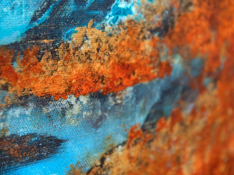 Gemälde „Quelle“ Maße: 100 x 100 cm, 4,5 cm Tiefe  Material: Künstler-Acrylfarben, Kupfer-, Bronze-Grundierung, Echtrost, Eisen-Grundierung, grüne sowie blaue Patina, Firnis  Malgrund: Leinwand auf Keilrahmen