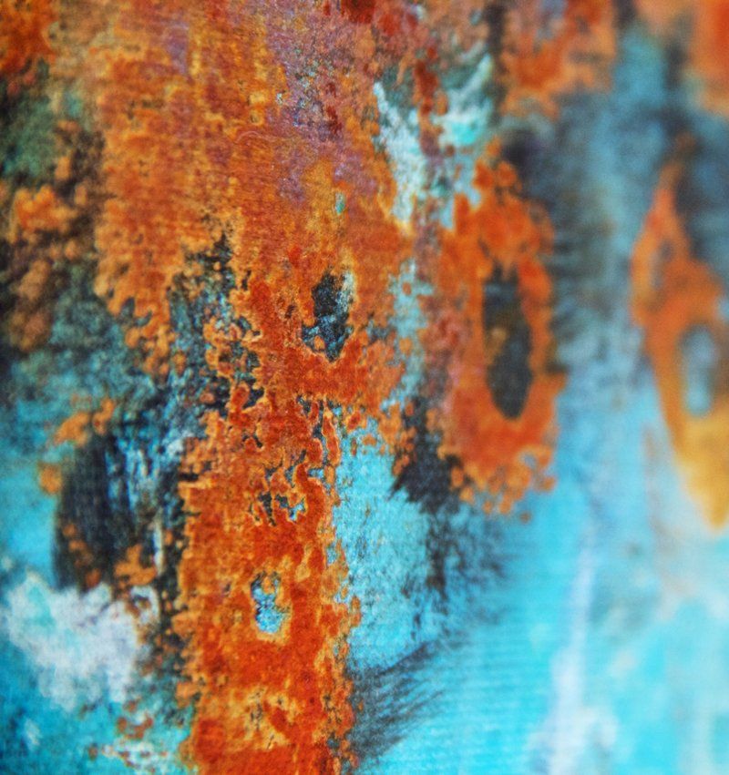Gemälde „Quelle“ Maße: 100 x 100 cm, 4,5 cm Tiefe  Material: Künstler-Acrylfarben, Kupfer-, Bronze-Grundierung, Echtrost, Eisen-Grundierung, grüne sowie blaue Patina, Firnis  Malgrund: Leinwand auf Keilrahmen
