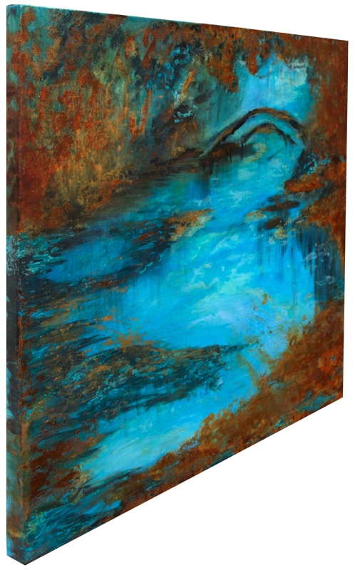 Gemälde „Quelle“ Maße: 100 x 100 cm, 4,5 cm Tiefe  Material: Künstler-Acrylfarben, Kupfer-, Bronze-Grundierung, Echtrost, Eisen-Grundierung, grüne sowie blaue Patina, Firnis  Malgrund: Leinwand auf Keilrahmen