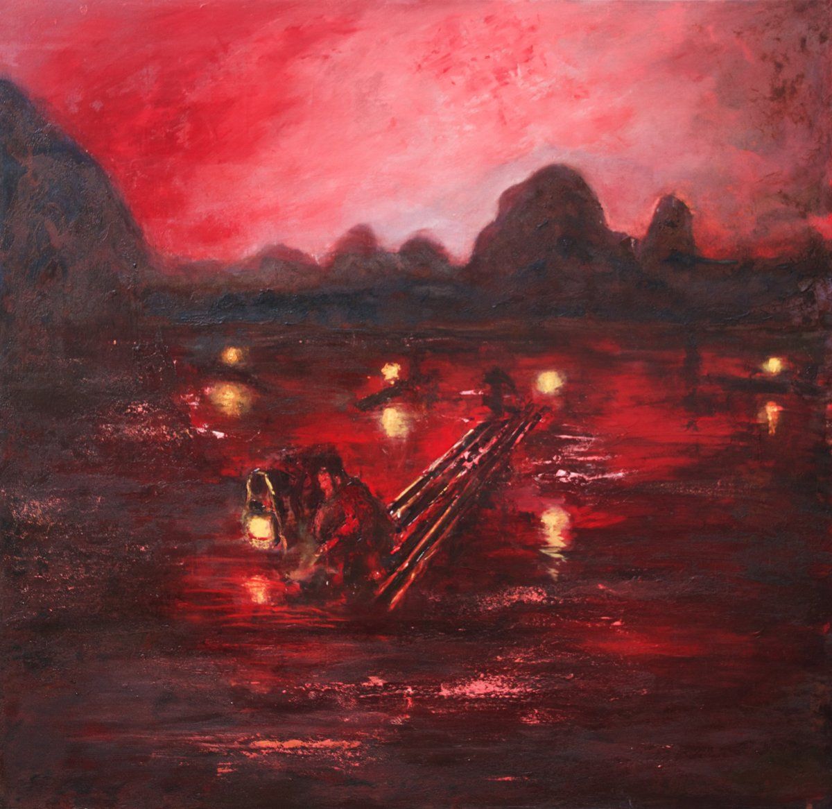 Landschaft, Quadratisch, Rot, Gemälde „Sucher“ Maße: 100 x 100 cm, Tiefe 5 cm  Material: Acryl, Eisenpulver, Firnis  Malgrund: Leinwand auf Keilrahmen