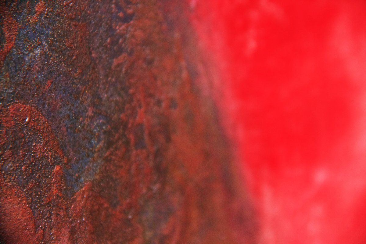 Landschaft, Quadratisch, Rot, Gemälde „Sucher“ Maße: 100 x 100 cm, Tiefe 5 cm  Material: Acryl, Eisenpulver, Firnis  Malgrund: Leinwand auf Keilrahmen