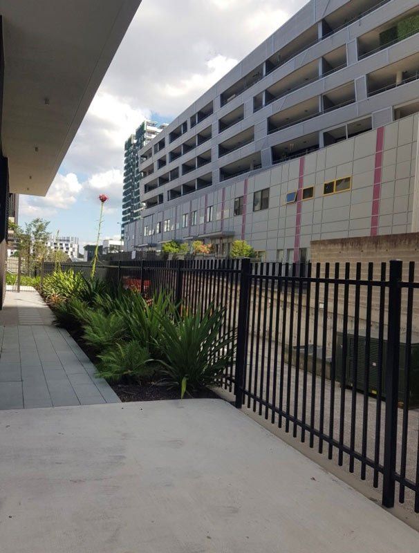 black metal fence between buildings