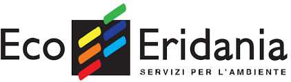 Logo di Eco Eridania con testo nero e simbolo a strisce multicolori su sfondo bianco.