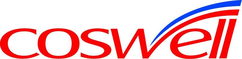 Logo Coswell con testo rosso e blu su sfondo bianco.
