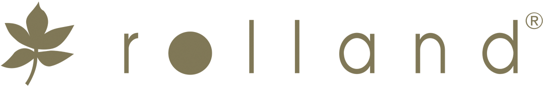 Logo di Rolland con un'icona stilizzata a forma di foglia e testo in minuscolo color verde oliva.