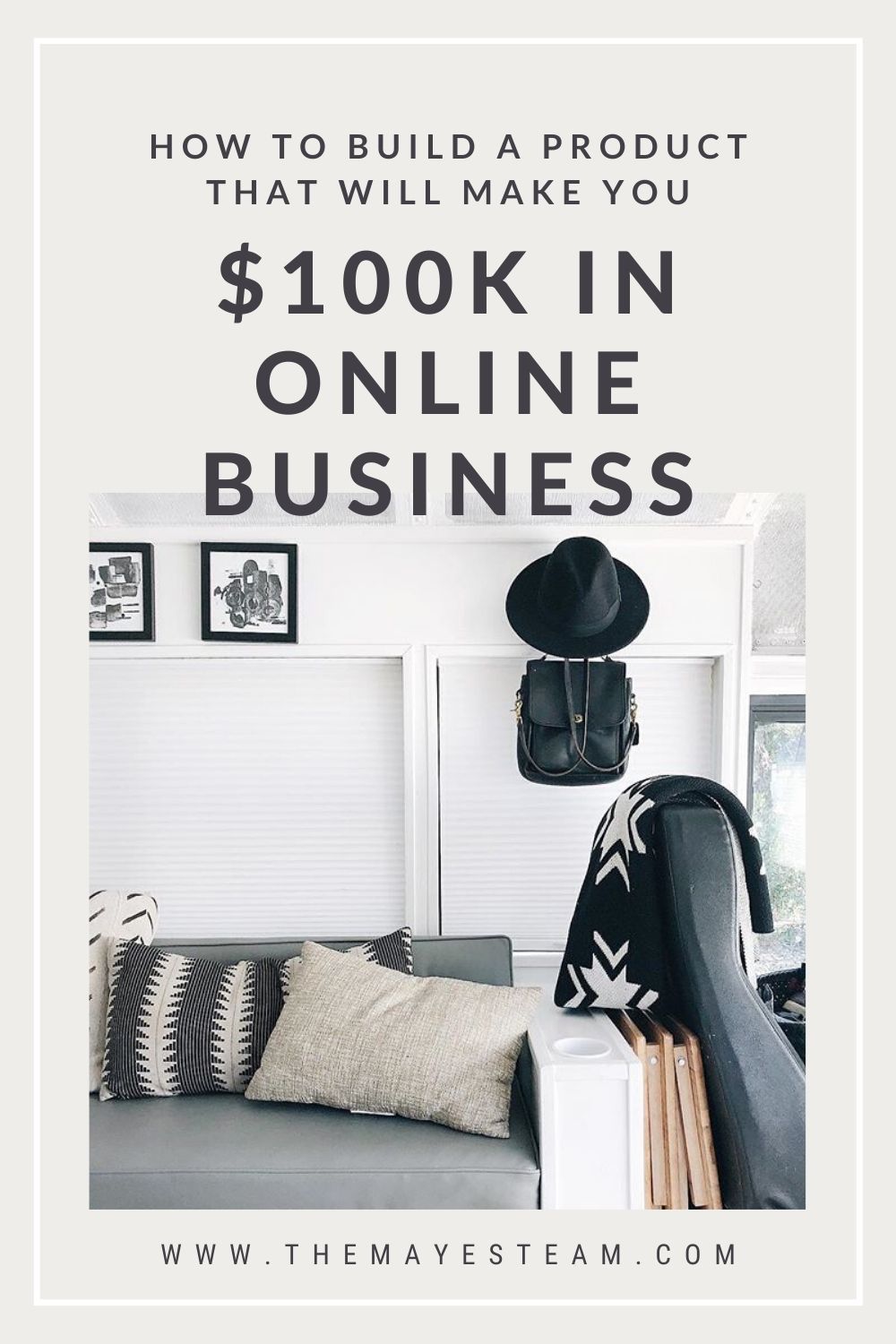 A snapshot of the inside of the skoolie bus where Gabriel & Debbie Mayes learn how to start a succesful online business from home by creating email lists with text overlaying it that reads How to Build a Product that Will Make You Over $100K in Online Business