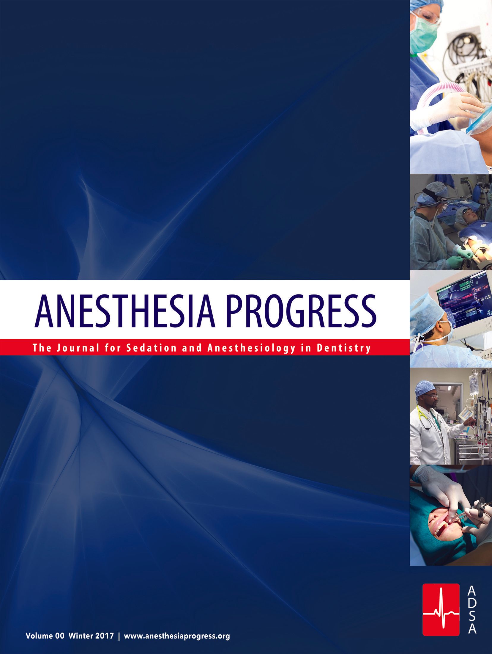 A book titled anesthesia progress has a blue background