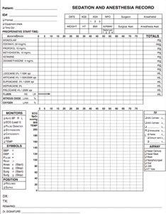 A sheet of paper that says sedation and anesthesia record