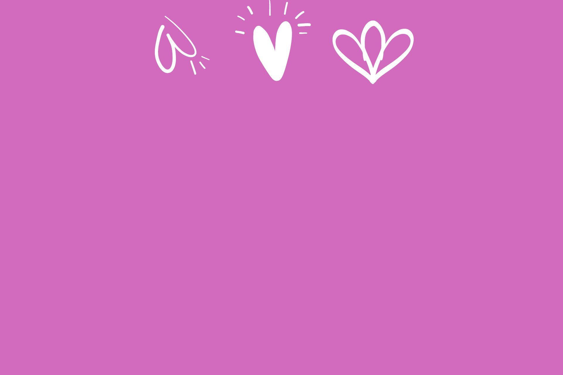 Three white doodle hearts on a pink background, centered near the top.