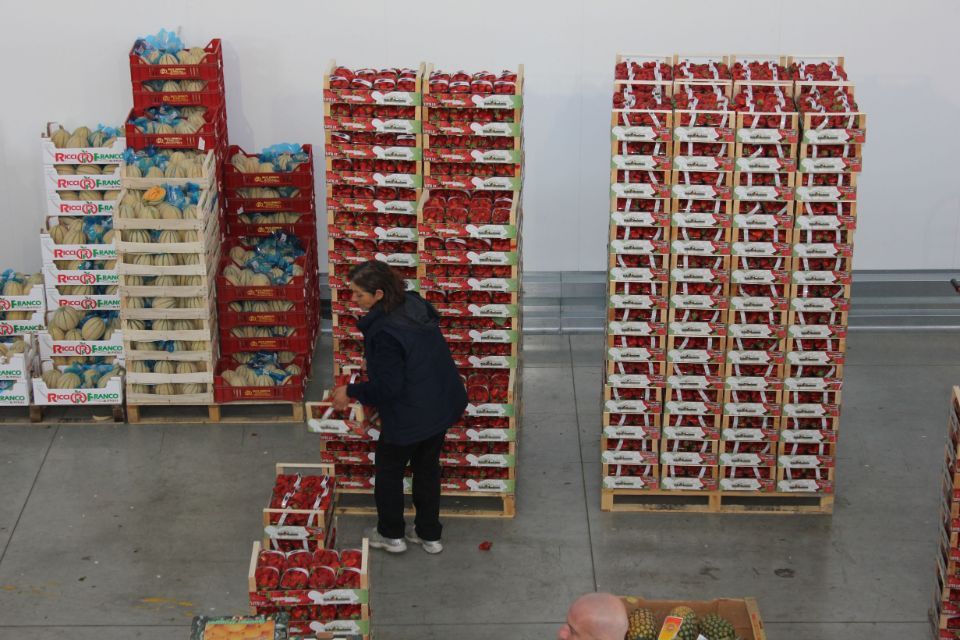 operaio mentre sistema cassette di frutta e verdura