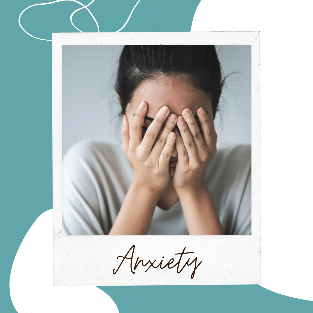 Acupuncture, anxiety A woman is covering her face with her hands and the word anxiety is on the bottom