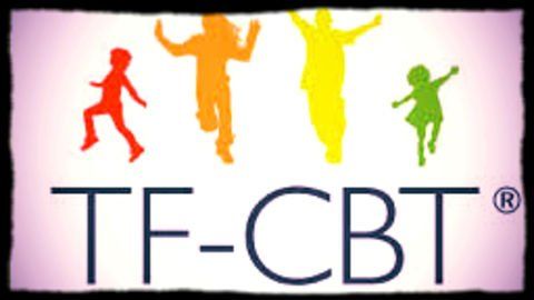 A logo for tf-cbt with silhouettes of children