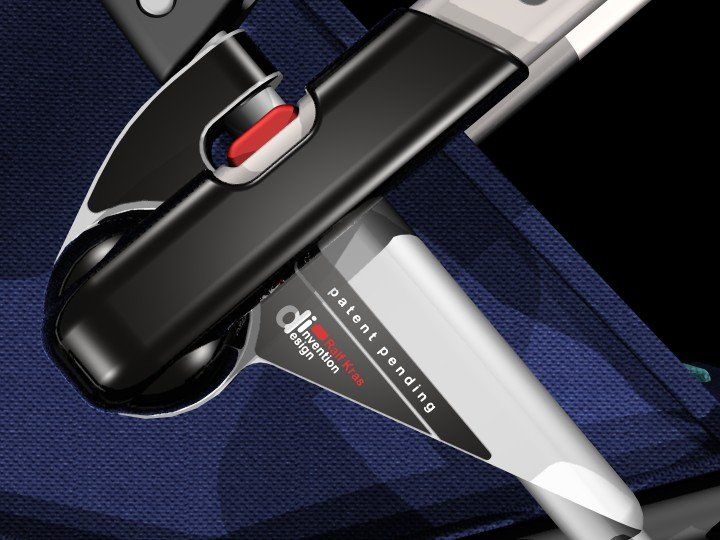 Close-up of a black and silver device on a blue textured surface