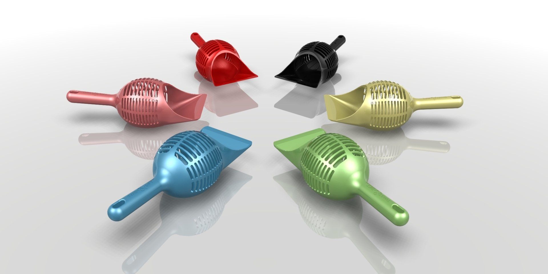 Five colorful whistle-shaped objects in red, black, yellow, blue, and green on a white background
